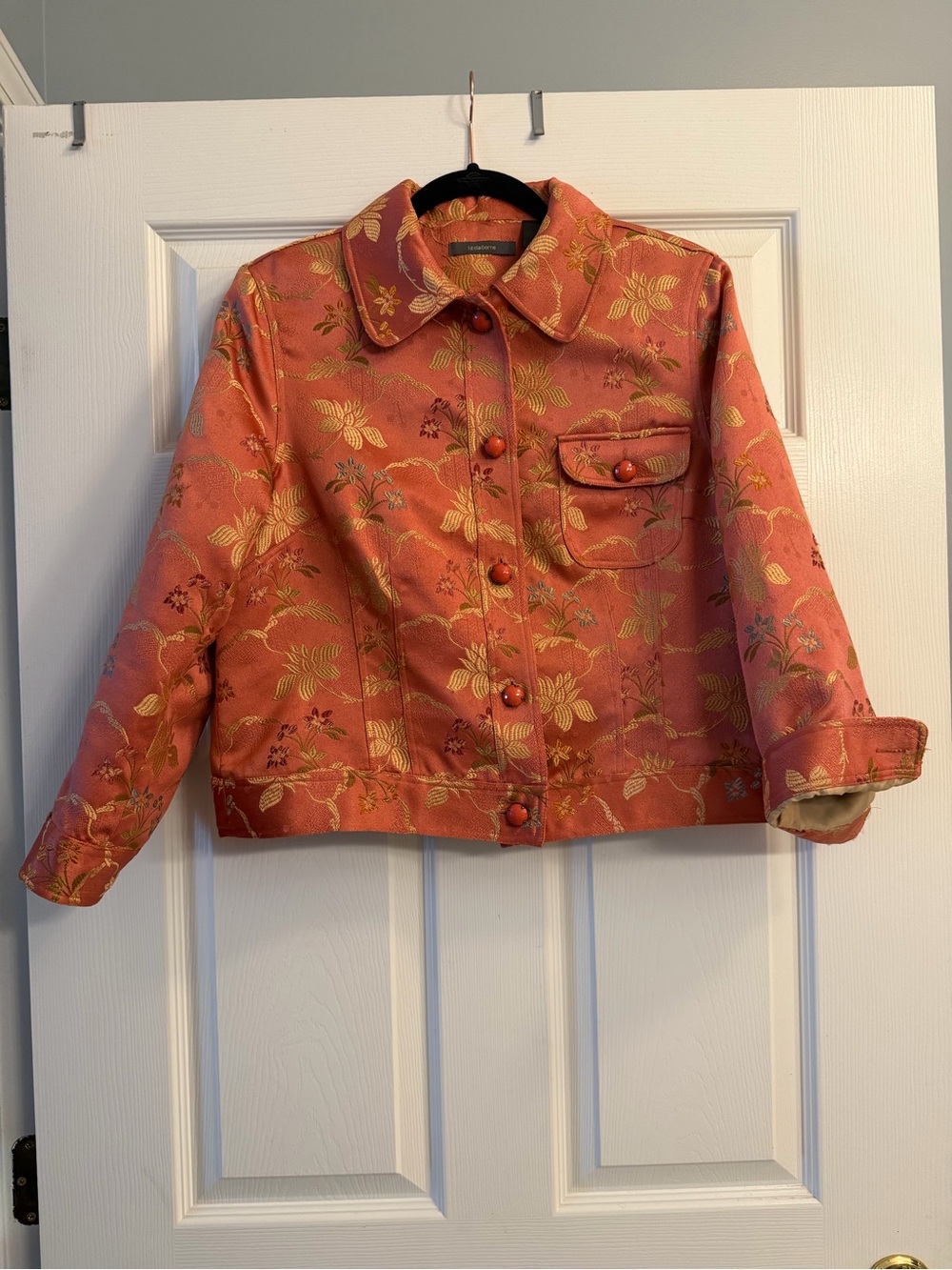 Vintage Liz Claiborne Floral Brocade Crop Jacket Coral Orange Gold